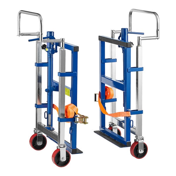 A blue and silver Lavex hydraulic steel equipment mover with orange straps.