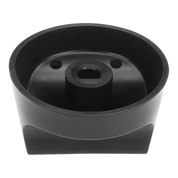 A black plastic shutoff knob with a hole in the center.