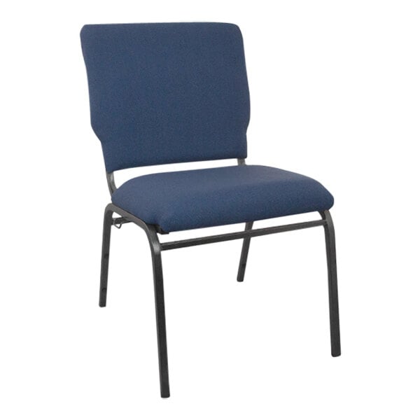 A navy church chair with black metal legs.