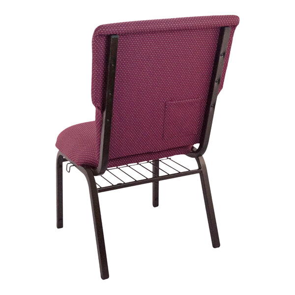A burgundy church chair with a brown metal frame.