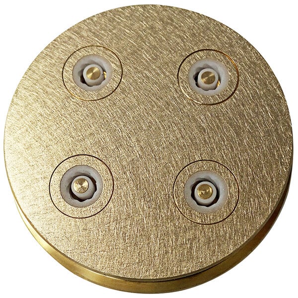 A gold circular Sirman Cavatappi pasta die with four screws.