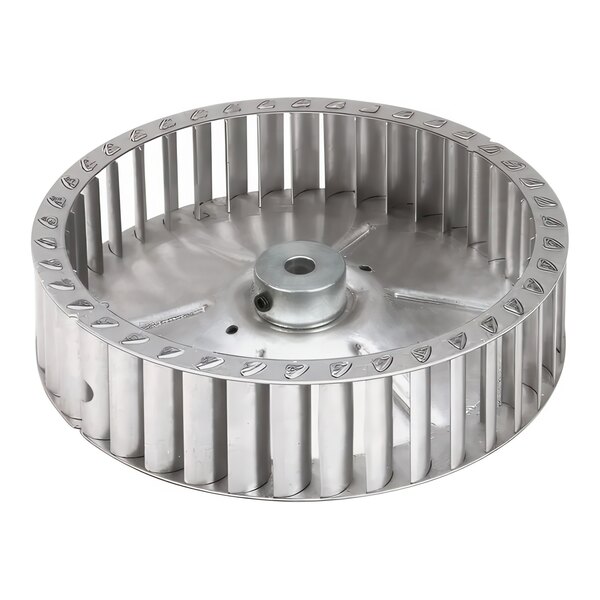 A metal blower wheel with a metal hub and holes.