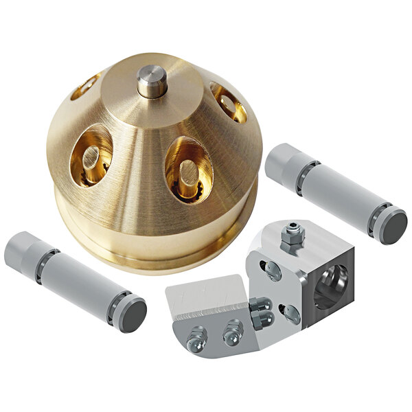 A gold and silver metal Sirman penne pasta die with several parts.