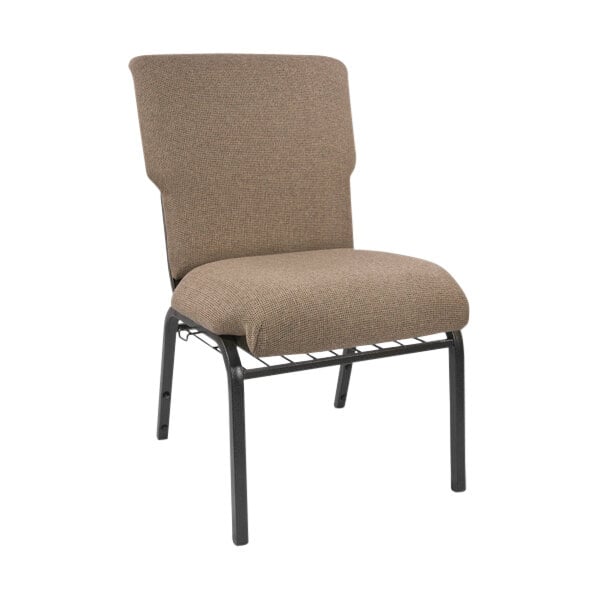 A brown Flash Furniture church chair with black metal legs.