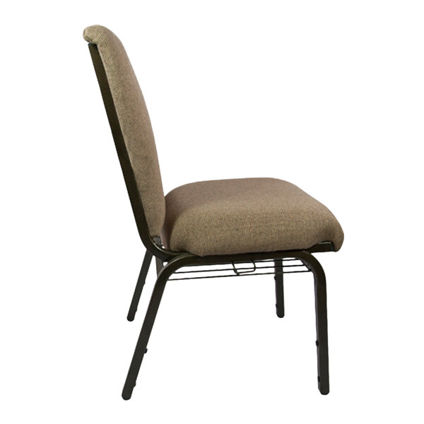 A Flash Furniture church chair in mixed tan with a brown metal frame.