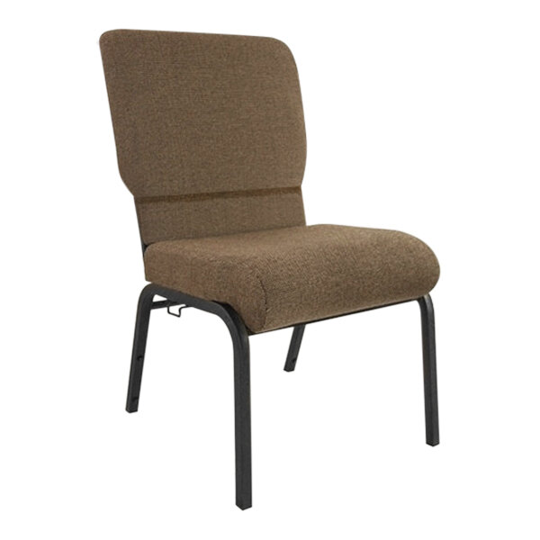 A brown church chair with black metal legs.