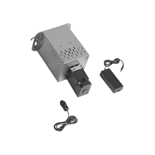 A black rectangular metal box with wires and a cord.
