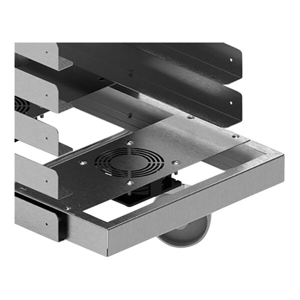 A metal cart with a metal frame and two shelves for pasta with two fans on the bottom.