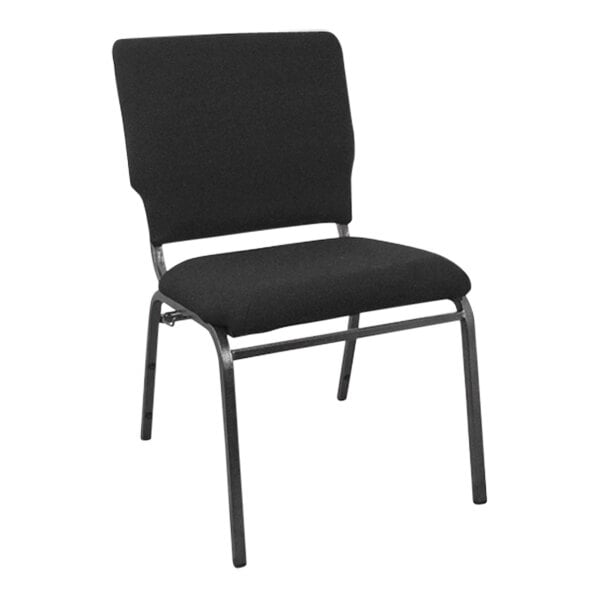 A black Flash Furniture church chair with a black metal frame.