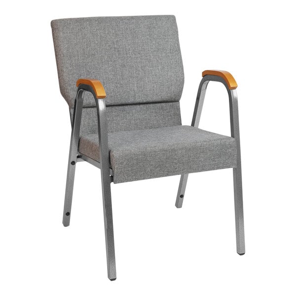 A gray Flash Furniture church chair with wood accent arms and a silver vein metal frame.