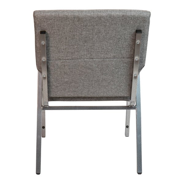 The back of a gray Flash Furniture church chair with metal accents.