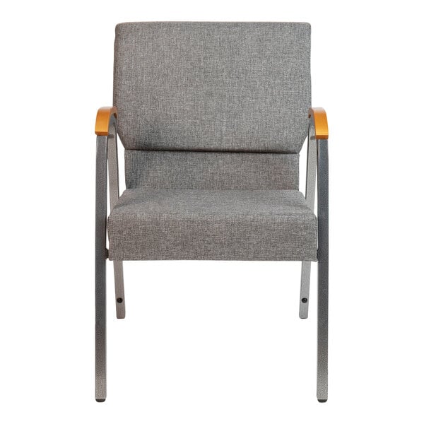 A Flash Furniture gray church chair with wood accent arms and a silver vein frame.