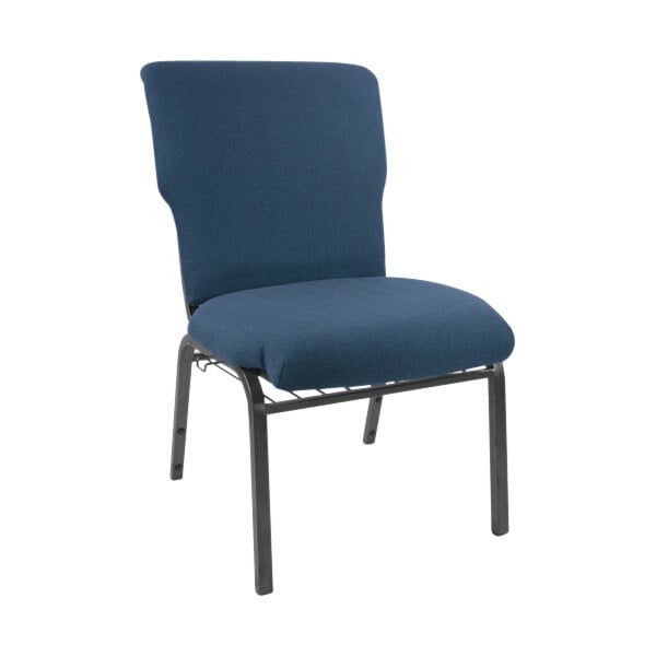 A navy Flash Furniture church chair with black metal legs.