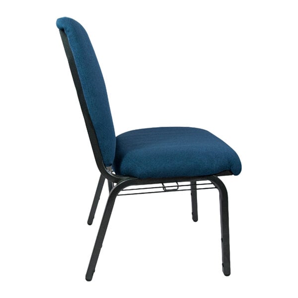A blue chair with a black frame.