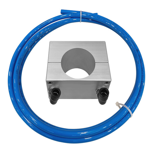 A metal box with a blue tube around it.