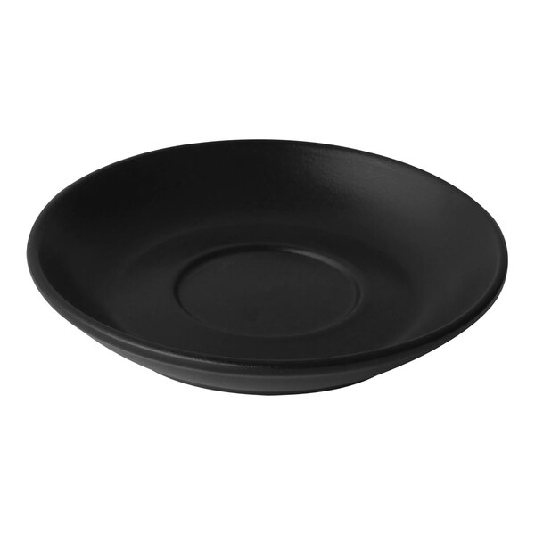 A black Bon Chef Tavola espresso saucer with a small rim.