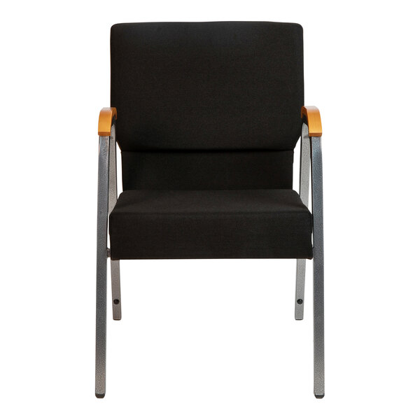 A black Flash Furniture church chair with silver vein frame and wood accents.
