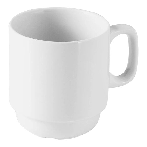 A close-up of a Bon Chef bright white porcelain coffee mug with a handle.