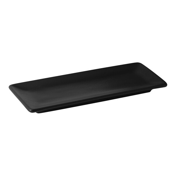 A black rectangular porcelain platter with handles.