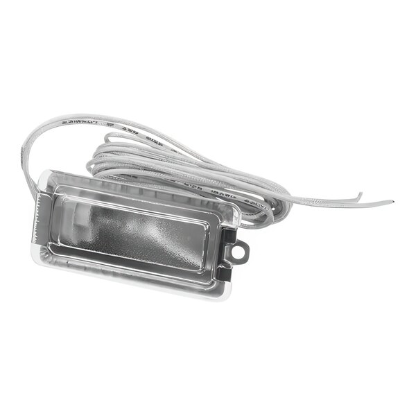 A white and silver light fixture assembly for a convection oven with wires.