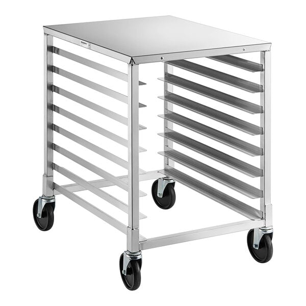 A metal rack with multiple horizontal slots, four caster wheels, and a flat stainless steel top.