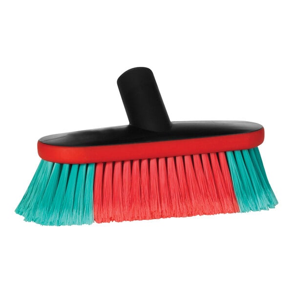 A Vikan Transport vehicle brush with red and green soft/split bristles and a black handle.