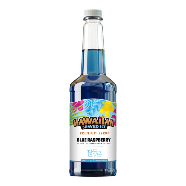 A 32 fl. oz. bottle of Hawaiian Shaved Ice Blue Raspberry snow cone syrup.