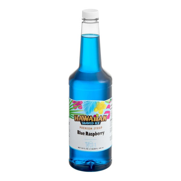A 32 fl. oz. bottle of Hawaiian Shaved Ice Blue Raspberry snow cone syrup.