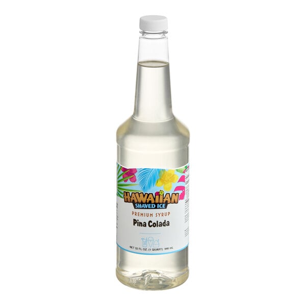 A 32 fl. oz. bottle of Hawaiian Shaved Ice Pina Colada premium syrup.