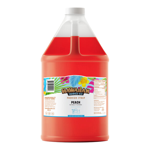 A one-gallon bottle of Hawaiian Shaved Ice peach-flavored snow cone syrup.