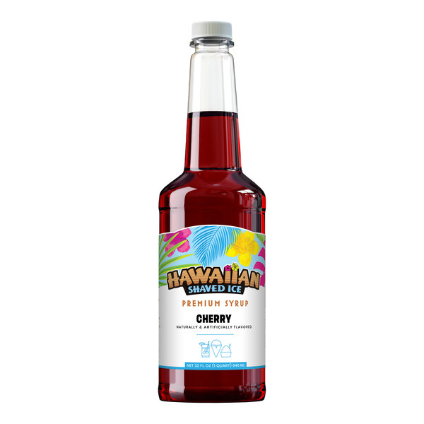 A 32 fl. oz. bottle of Hawaiian Shaved Ice cherry snow cone syrup.