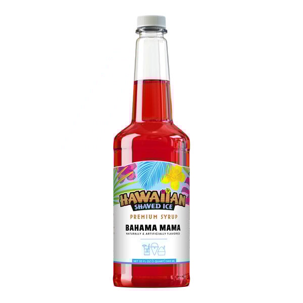 A 32 fl. oz. bottle of Hawaiian Shaved Ice Bahama Mama snow cone syrup.
