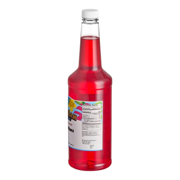 A 32 fl. oz. bottle of Hawaiian Shaved Ice Bahama Mama snow cone syrup with a red liquid inside.