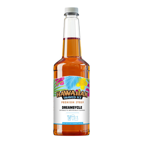 A 32 fl. oz. bottle of Hawaiian Shaved Ice Dreamsycle snow cone syrup.