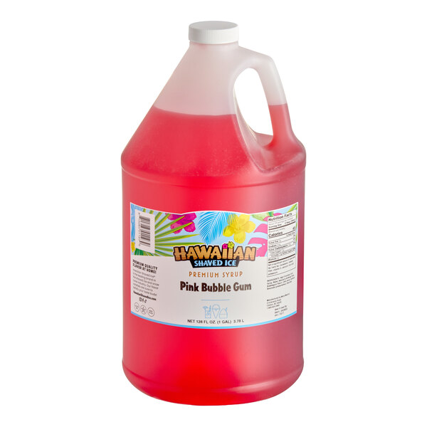 A one-gallon jug of Hawaiian Shaved Ice Pink Bubble Gum snow cone syrup.