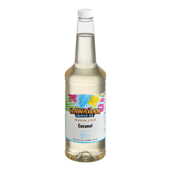 A 32 fl. oz. bottle of Hawaiian Shaved Ice coconut flavored snow cone syrup.