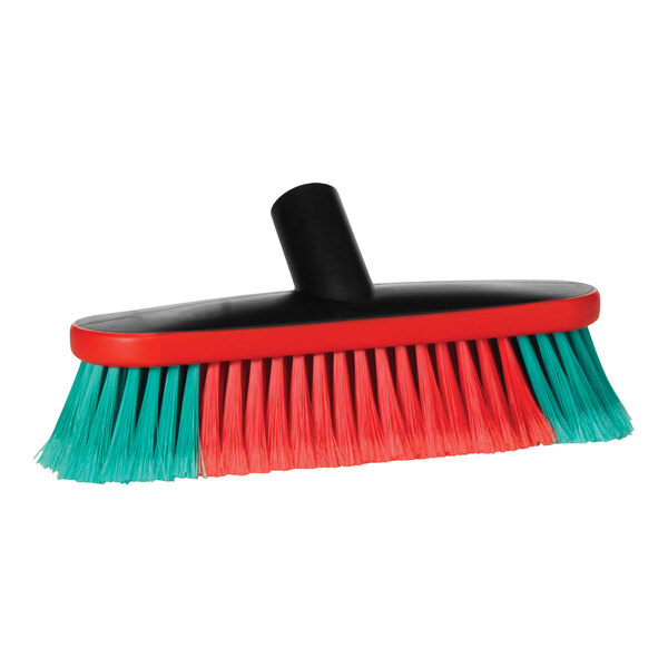 A Vikan black brush with red and green soft/split bristles.