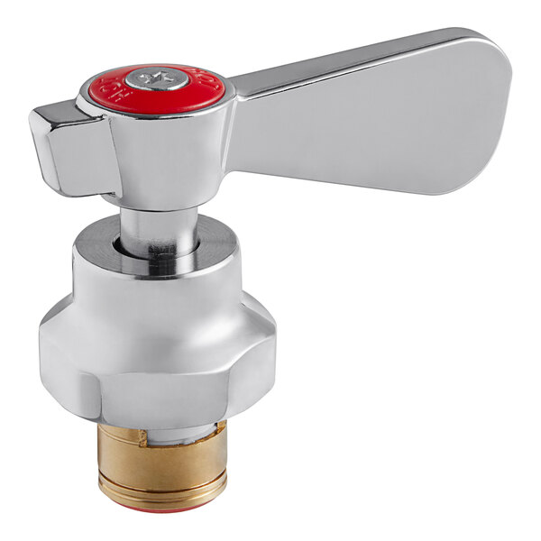 A chrome and red Regency hot water faucet cartridge with a red handle.