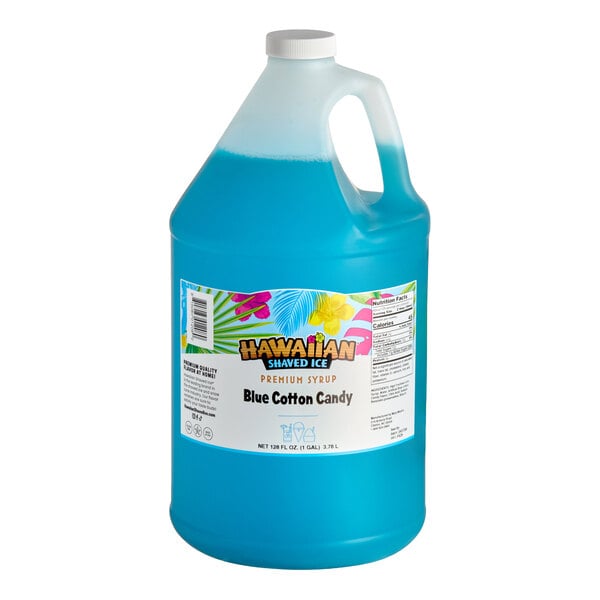 A one-gallon jug of Hawaiian Shaved Ice Blue Cotton Candy snow cone syrup.