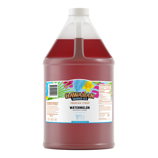 A one-gallon jug of Hawaiian Shaved Ice watermelon-flavored snow cone syrup.