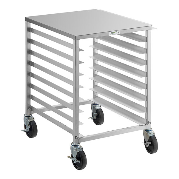 A Regency stainless steel sheet pan rack with silver metal and black wheels.