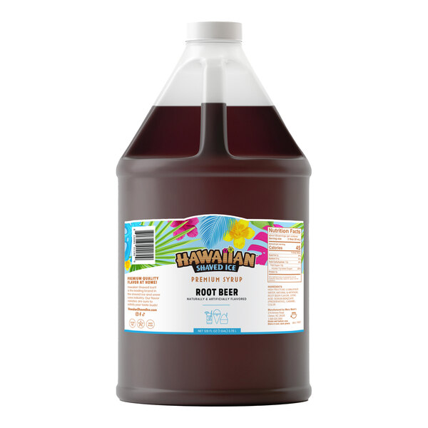A one-gallon bottle of Hawaiian Shaved Ice Root Beer flavored snow cone syrup.