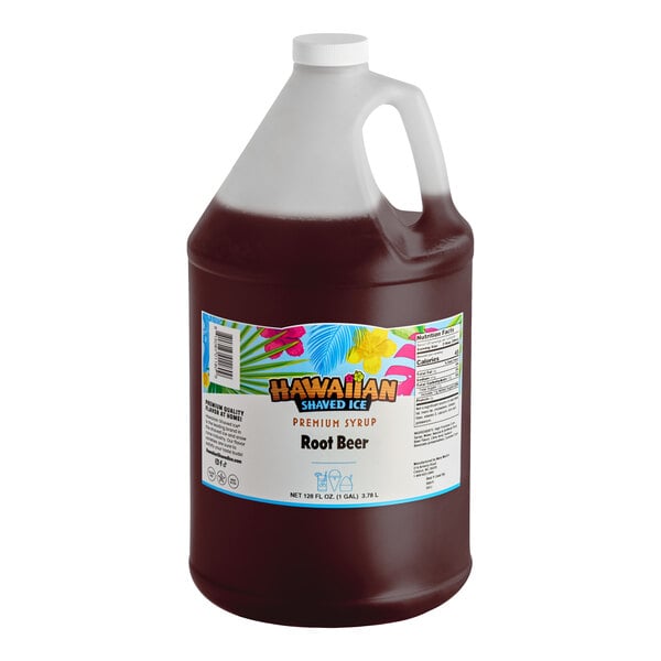A one-gallon jug of Hawaiian Shaved Ice Root Beer flavored snow cone syrup.