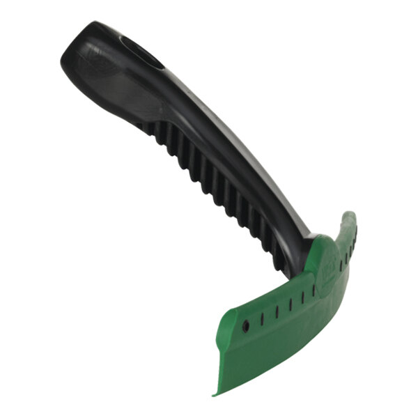 A green and black handheld squeegee with a curved handle and a wide rubber blade.