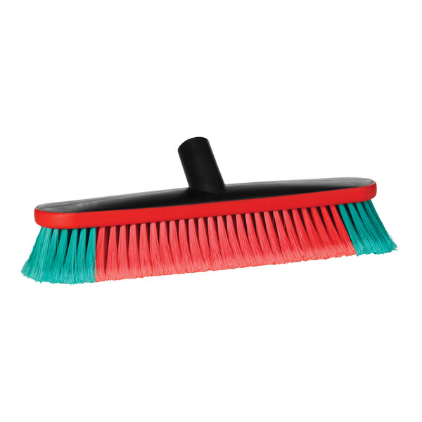 A red and black Vikan Transport vehicle brush with green and black bristles.