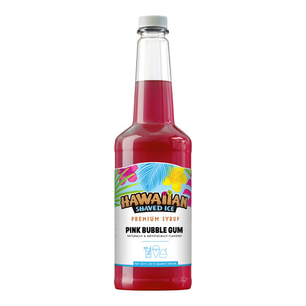 A 32 fl. oz. bottle of Hawaiian Shaved Ice Pink Bubble Gum snow cone syrup.