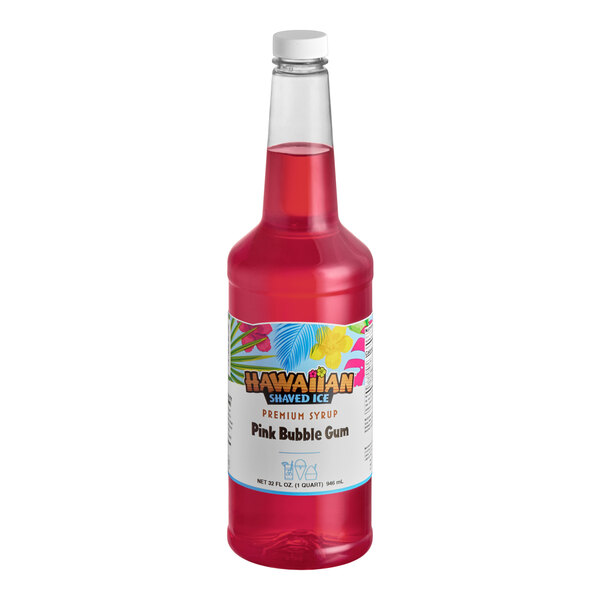 A 32 fl. oz. bottle of Hawaiian Shaved Ice Pink Bubble Gum snow cone syrup.