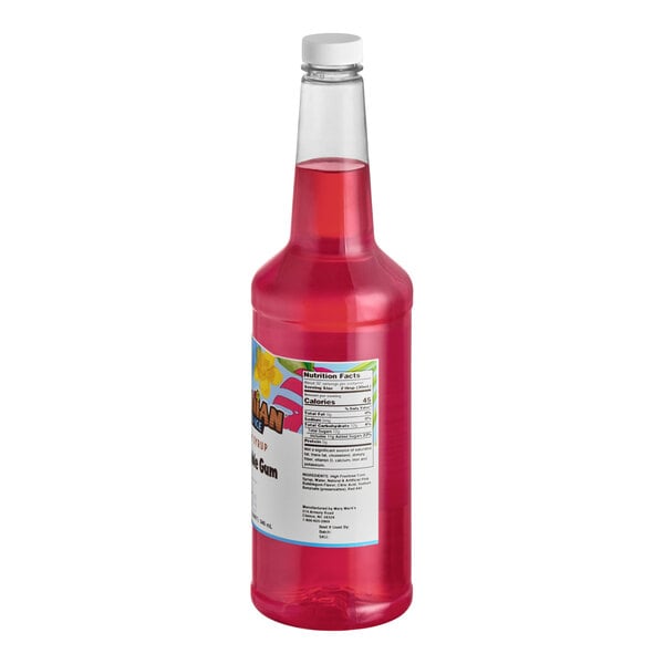 A 32 fl. oz. bottle of Hawaiian Shaved Ice Pink Bubble Gum Snow Cone Syrup.