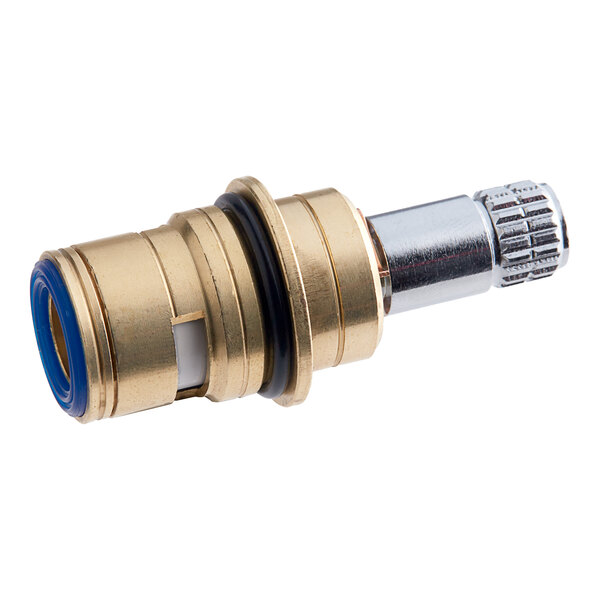 A close-up of a brass and metal Regency faucet body cartridge.