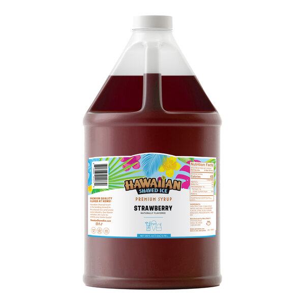 A one-gallon bottle of Hawaiian Shaved Ice strawberry snow cone syrup.